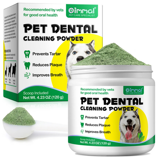 Pet Care Expert pet dental cleaning powder for dogs, reduces tartar and freshens breath, visible in a pet dental care product image.