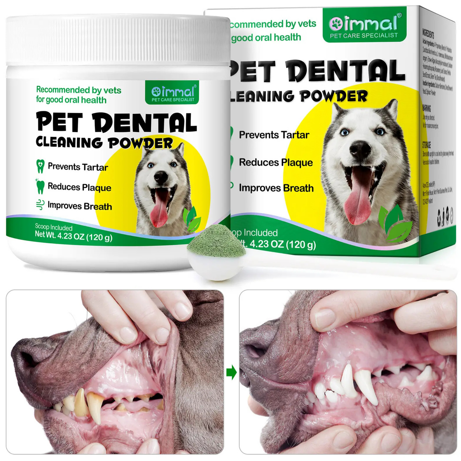 Pet Care Expert pet dental cleaning powder for dogs, improving breath and reducing tartar buildup in dog teeth.