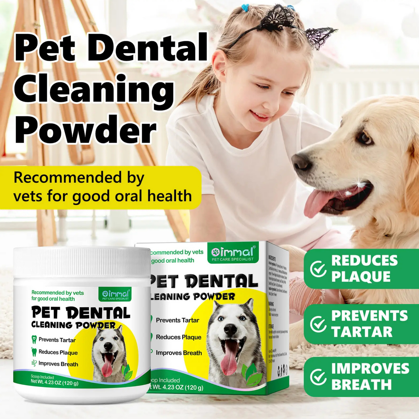 Pet Care Expert dog dental cleaning powder for tartar removal and fresh breath, shown in a pet supplies product image.