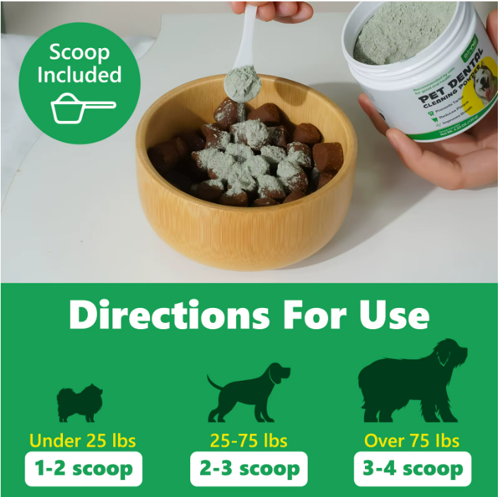 Pet Care Expert dog dental cleaning powder for teeth, fresh breath, and tartar reduction, shown in a pet supplies product image.