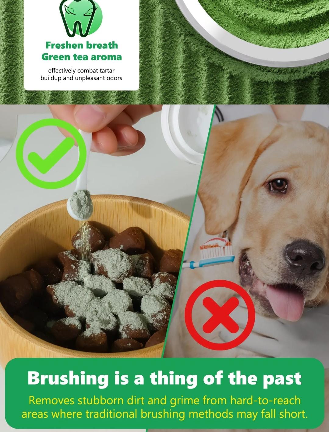 Dog teeth cleaning powder by Pet Care Expert for pet supplies, helps improve breath and reduce tartar in dogs.